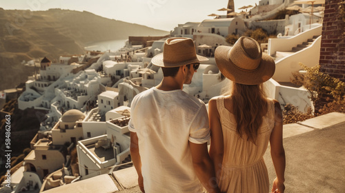 Young Vacationing Adult Caucasian Couple Enjoying The View From Santorini Greece - Generatvie AI.