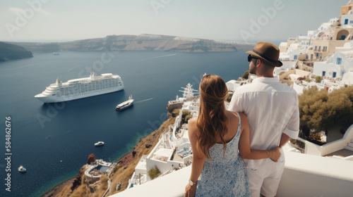 Young Vacationing Adult Caucasian Couple Enjoying The View From Santorini Greece - Generatvie AI.