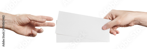 Hands sharing two blank sheets of paper (tickets, flyers, invitations, coupons, money, etc.), cut out