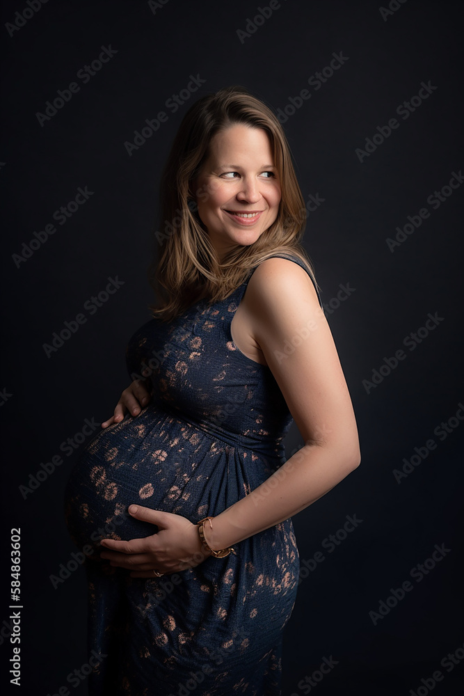 Mulher grávida sorrindo segurando a foto da barriga no estúdio Mulher grávida sorrindo segurando a foto da barriga no estúdio