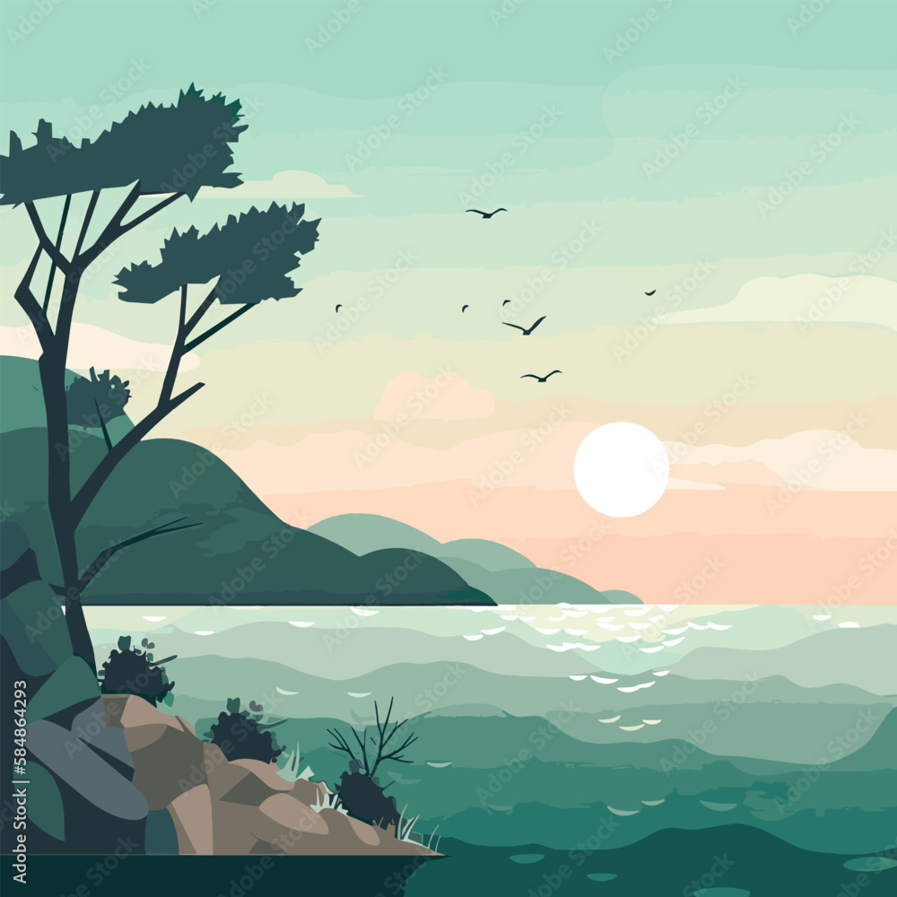 Vector illustration with sea landscape in flat style