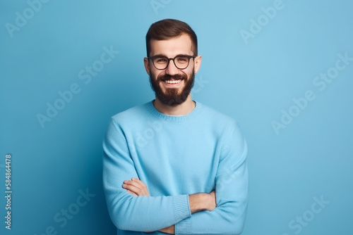 Canvas Print Jovem bonito com barba vestindo suéter casual e óculos sobre fundo azul rosto feliz sorrindo com os braços cruzados, olhando para a câmera