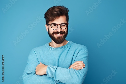Jovem bonito com barba vestindo suéter casual e óculos sobre fundo azul rosto feliz sorrindo com os braços cruzados, olhando para a câmera. Pessoa positiva photo