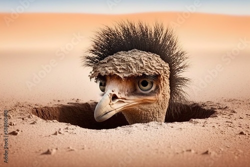 Ostrich with a head in the sand, concept of Denial and Ignorance, created with Generative AI technology