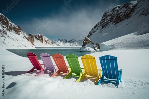 Row of colorful beach chairs perched on top of a snow - covered mountain, concept of Contrast and Absurdity, created with Generative AI technology