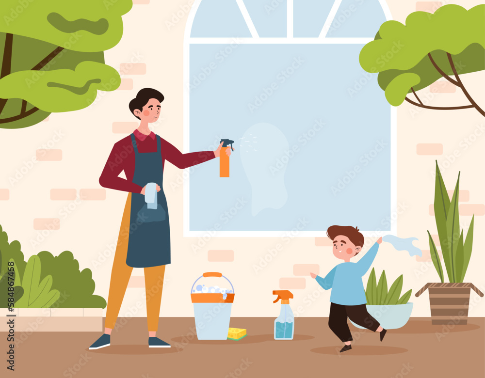 Fototapeta premium Family washing window. Mother with son apply cleaning products on glass, house exterior. Woman with little helper doing household chores, cleaning building. Cartoon flat vector illustration
