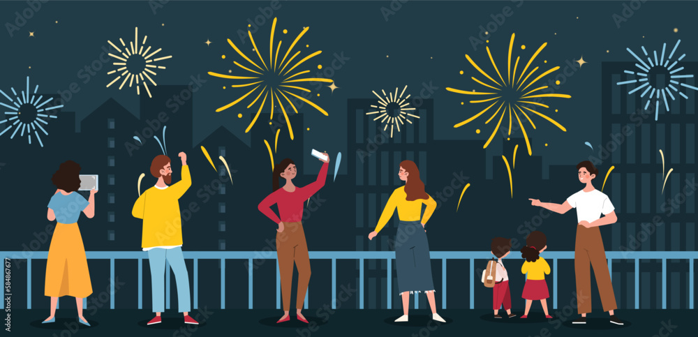 Watching celebratory firework. Man and women with children look at lights in night sky. Holiday and festival. Pyrotechnics show with explosions concept. Cartoon flat vector illustration Watching celebratory firework. Man and women with children look at lights in night sky. Holiday and festival. Pyrotechnics show with explosions concept. Cartoon flat vector illustration