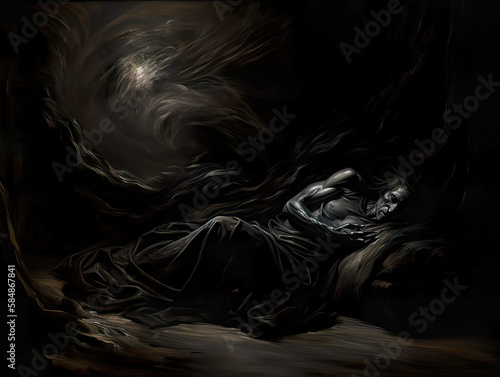 Chiaroscuro depiction of sleep paralysis in the roo Generative AI