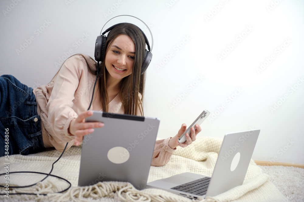 Call center service. Beautiful customer service or sales agent. The telephone operator of caller or registrar. Copy space. Help, answers, counseling. Above the blurry office background. Call center service. Beautiful customer service or sales agent. The telephone operator of caller or registrar. Copy space. Help, answers, counseling. Above the blurry office background.