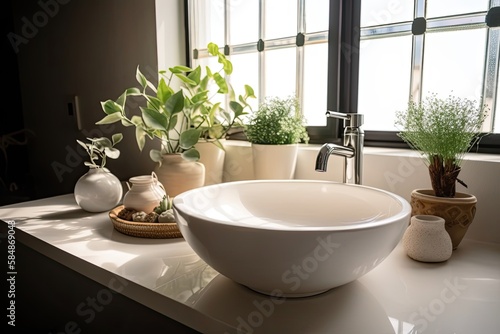 A Plant Pot Adds Life to a Modern Home  Close-Up of White Vanity Ceramic Wash Basin  Generative AI
