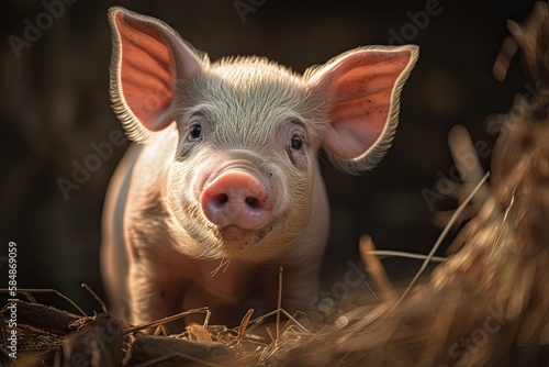 A Little Piggy on the Farm: Cute Baby Pig Captured in Colorful Rural Farming Landscape: Generative AI