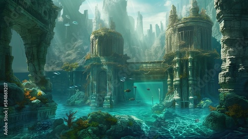 Mystical Lost City of the Ocean Depths: An Ancient Underwater Seascape Illustration: Generative AI © AIGen