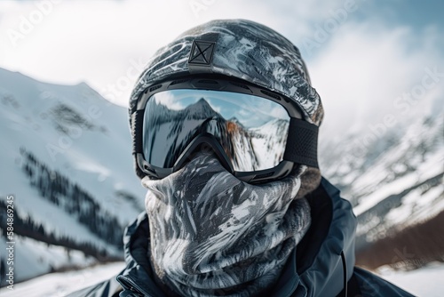 Snowboarder's Reflection of Mountainscape on Ski Mask in Winter: Nature's Cold Extremity: Generative AI