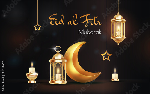 Eid Mubarak dark. Mystical calligraphy with golden crescent and lamp. Islamic religion and traditions. Greeting postcard for Ramadan. Realistic isometric vector illustration