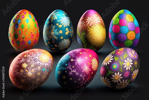 Colorful Easter eggs. Creatively colored modern Easter eggs. Very attractive. Black background.  Getting ready for Easter egg hunt. Family traditions. Generative AI