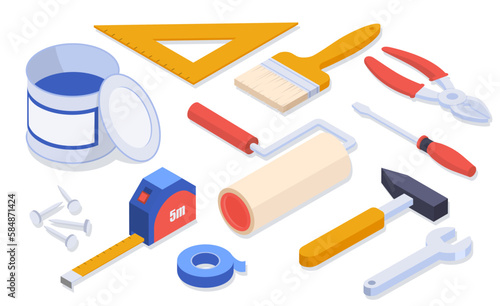 Set of building tools. Paint, roller, brush and tape measure. Electrical tape and nails, hammer and screwdriver, pliers. Cartoon isometric vector illustrations isolated on white background