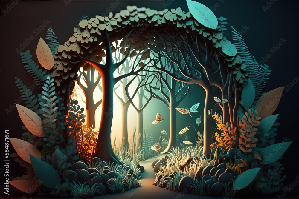 Fairytale fantasy forest. Abstract trees, magic, illustration. Generative backdrop
