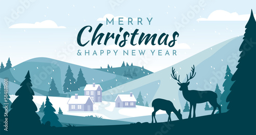 Merry Christmas winter landscape. Silhouette of deer in forest against backdrop of houses and mountains under snow. Greeting postcard for winter holidays. Cartoon flat vector illustration