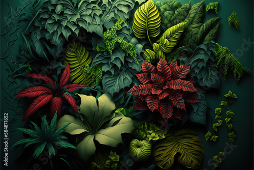 Wall is full of green vegetation. Generative illustration