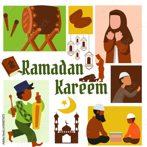  illustration that captures the essence of Ramadan Kareem  feature moslem activity like a male and a female, both dressed in traditional Muslim attire, engaging in prayer and Quran reading