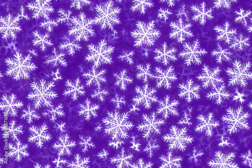 Seamless texture of white snowflakes on violet background. Snowfall  wallpaper  imprint on fabric. Generative AI