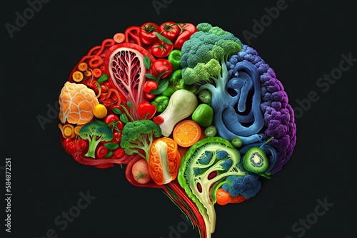 Human brain made of variety of colorful vegetables. Healthy vegetables for strong brain. Great for education, mediine, vegetarian, vegan, healthy nutrition concepts. Generative AI photo