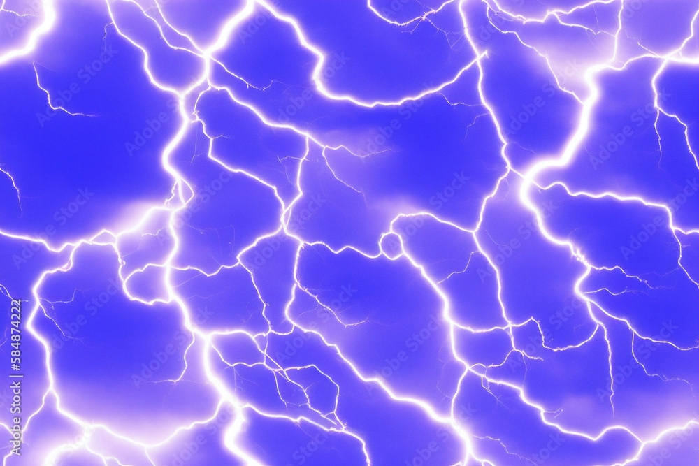 Seamless texture of Lightning flashes in the night blue violet sky. Lightning bolts, thunderbolts. Generative AI.