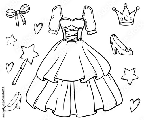 Hand drawn set of fairy tale and magic princess elements: crown, star, tiara, dress, heart. Cut isolated vector illustration for girl themes design. Doodle sketch style element drawn by brush-pen.