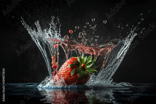 Creative food photography of strawberry falling into clean water on black background. Generative ai illustration