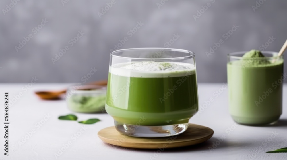 Homemade green matcha tea in glass on white table. Generative AI. Homemade green matcha tea in glass on white table. Generative AI.