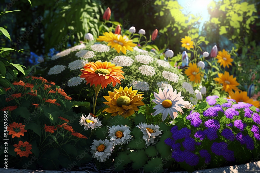 Beautiful garden full of nice and colorful flowers. Generative ai illustration