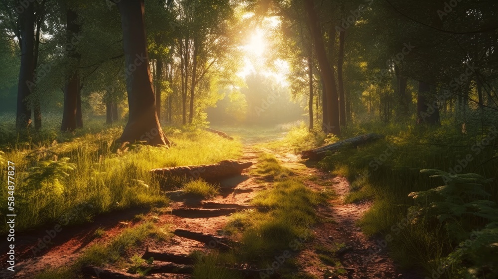 Naklejka premium 朝の森の風景 イメージイラスト generative AI