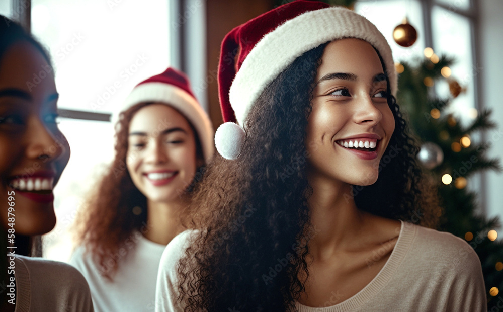 Fototapeta premium three young adult women at christmas at home, smiling. Generative AI