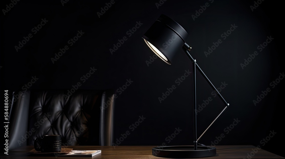 A stylish, minimalist black desk lamp on a black background, creating a dramatic contrast with focused lighting on the lamp's details. The atmosphere is elegant and sophisticated. generative ai