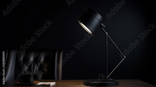 A stylish, minimalist black desk lamp on a black background, creating a dramatic contrast with focused lighting on the lamp's details. The atmosphere is elegant and sophisticated. generative ai