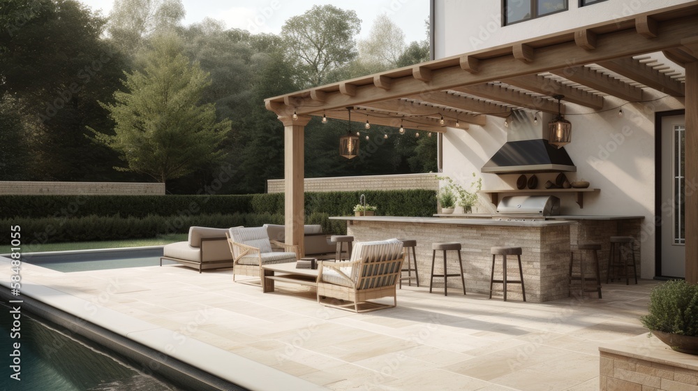 Stylish outdoor living space with a modern outdoor kitchen, comfortable seating, and a large pool. generative ai Stylish outdoor living space with a modern outdoor kitchen, comfortable seating, and a large pool. generative ai