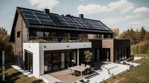 Solar panels on the roof of a beautiful modern home. generative ai © Creative Station