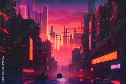 Beautiful Cyberpunk Cityscape with a sunset, 80s Synthwave style | Cyberpunk Wallpaper/Background |