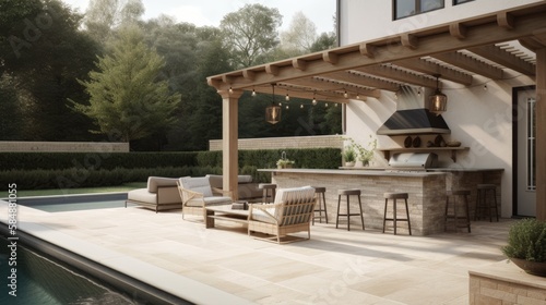 Stylish outdoor living space with a modern outdoor kitchen, comfortable seating, and a large pool. generative ai