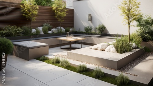 The exterior of a modern back garden patio area  minimalistic  generative ai