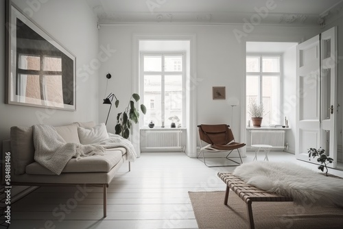 Danish minimalist white eco friendly interior. Modern furnishings. Room. Generative AI © AkuAku