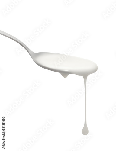 Yogurt  spoon with two drops dripping down isolated on transparent background. Cream sauce on cutlery. Organic farm dairy food product. Cut out kitchen element for packaging design, advertising layout