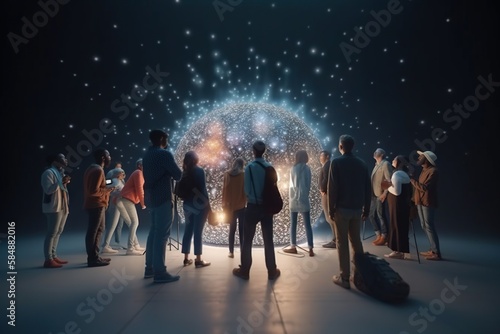 A Group Of People Standing Around A Room With A Large Mirror Science Museum Video Art Motion Graphics Generative AI 