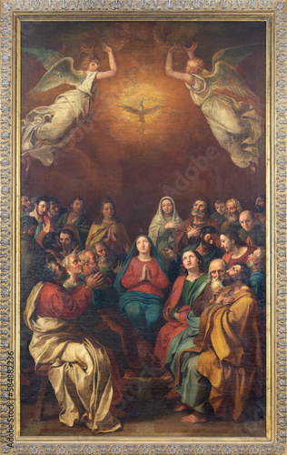 GENOVA, ITALY - MARCH 6, 2023: The painting of Pentecost in the church Chiesa...