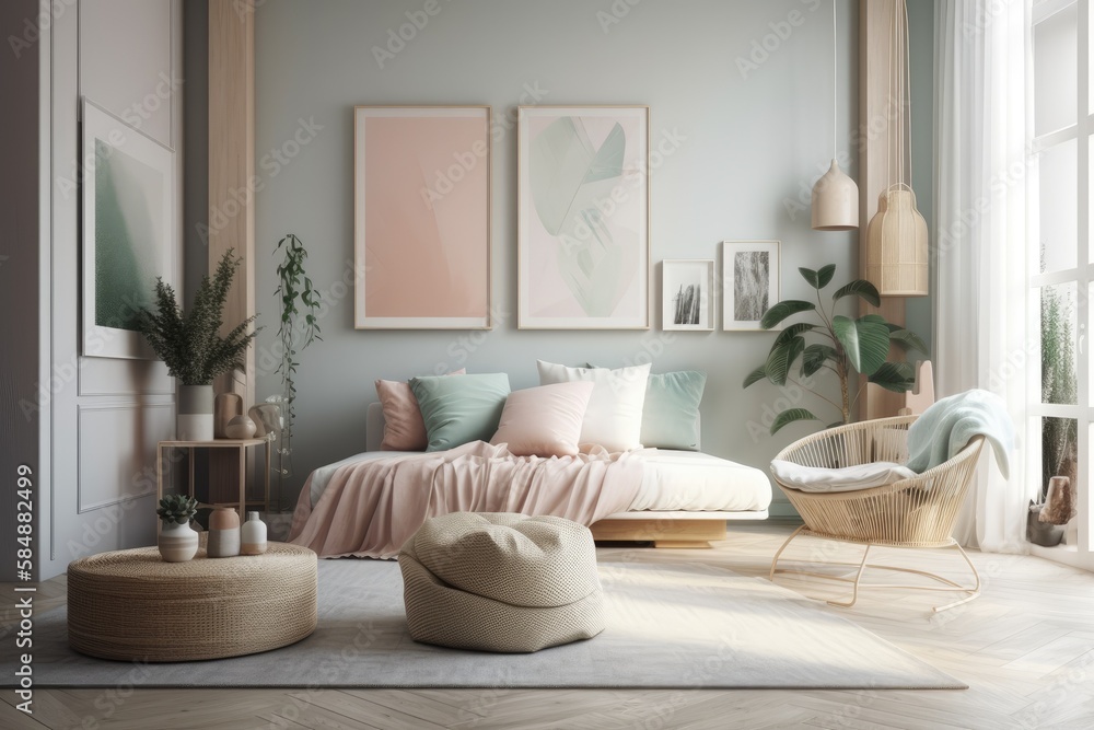 Fototapeta premium Pastel house interior mock up,. Generative AI