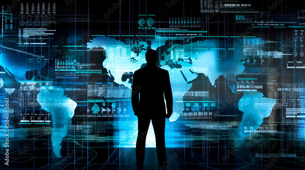 A silhouette of a person standing in front of a giant digital screen with a flow of data showing various cyber threats and vulnerabilities A silhouette of a person standing in front of a giant digital screen with a flow of data showing various cyber threats and vulnerabilities