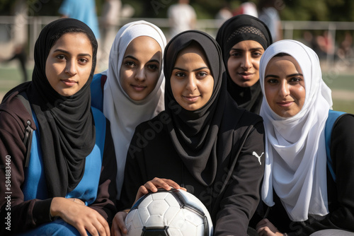 Empowered muslim women looking at camera holding a soccer ball. Inclusion sport concept. Generative AI. photo