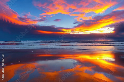 A beautiful deserted beach at sunset, with the wet sand reflecting the dramatic and colourful sky. Generative AI