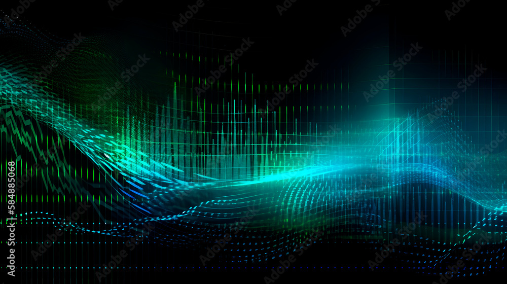 Modern technology wallpaper with blue and green digital waves and binary code