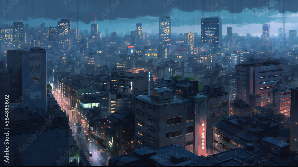 The streets of Tokyo and rain falling from the sky, Generative AI